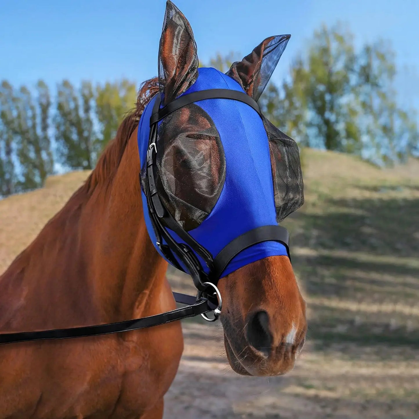 Ademende maskers voor paarden, bedrukt met diverse patronen, anti-muggen, onmiddellijke levering, uit voorraad leverbaar. Ruiteraccessoires.