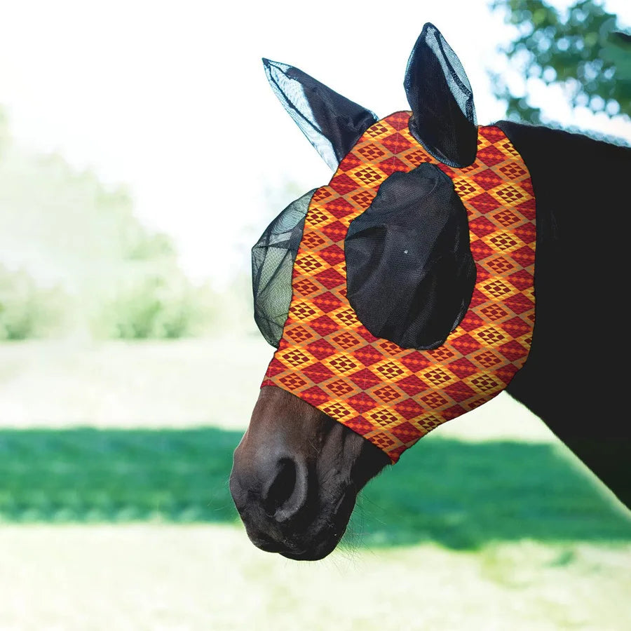 Ademende maskers voor paarden, bedrukt met diverse patronen, anti-muggen, onmiddellijke levering, uit voorraad leverbaar. Ruiteraccessoires.