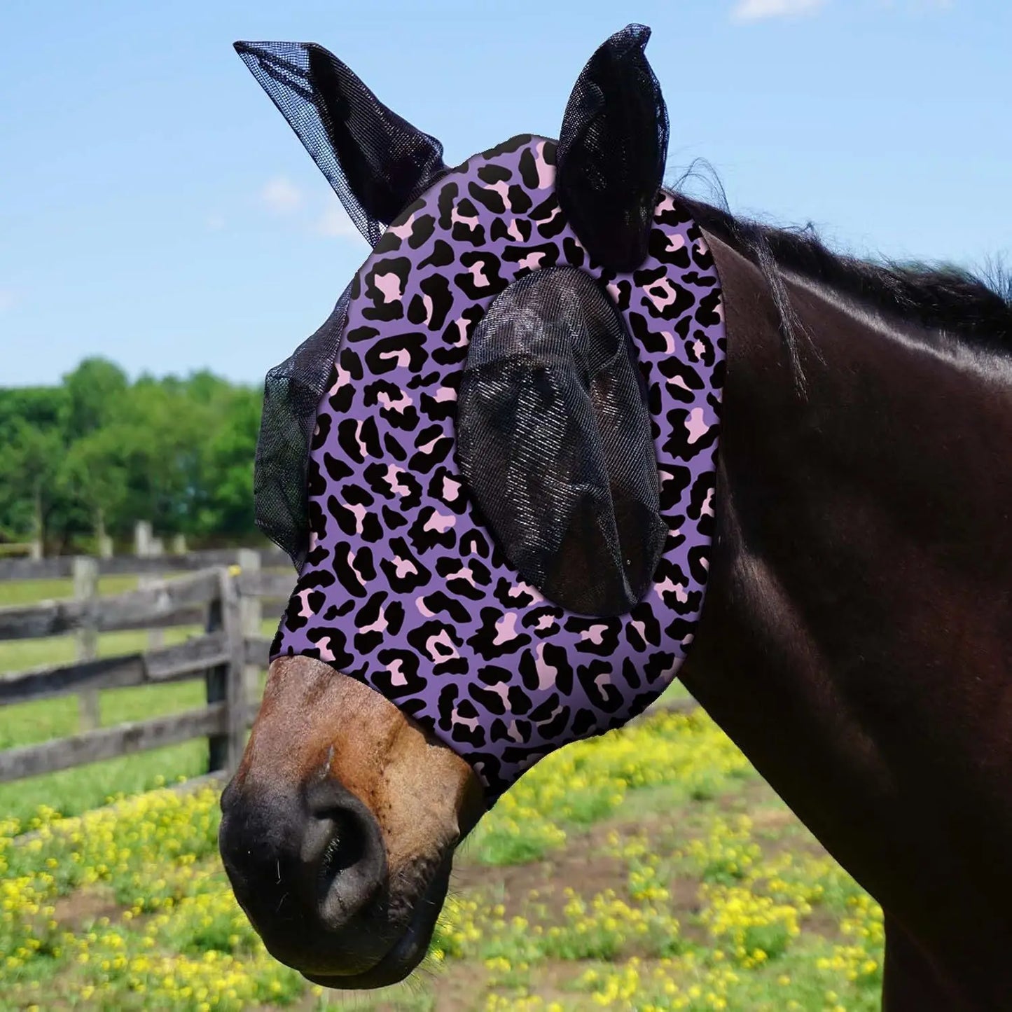 Ademende maskers voor paarden, bedrukt met diverse patronen, anti-muggen, onmiddellijke levering, uit voorraad leverbaar. Ruiteraccessoires.