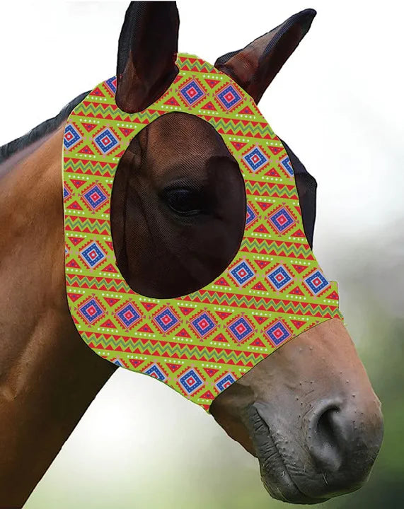 Ademende maskers voor paarden, bedrukt met diverse patronen, anti-muggen, onmiddellijke levering, uit voorraad leverbaar. Ruiteraccessoires.