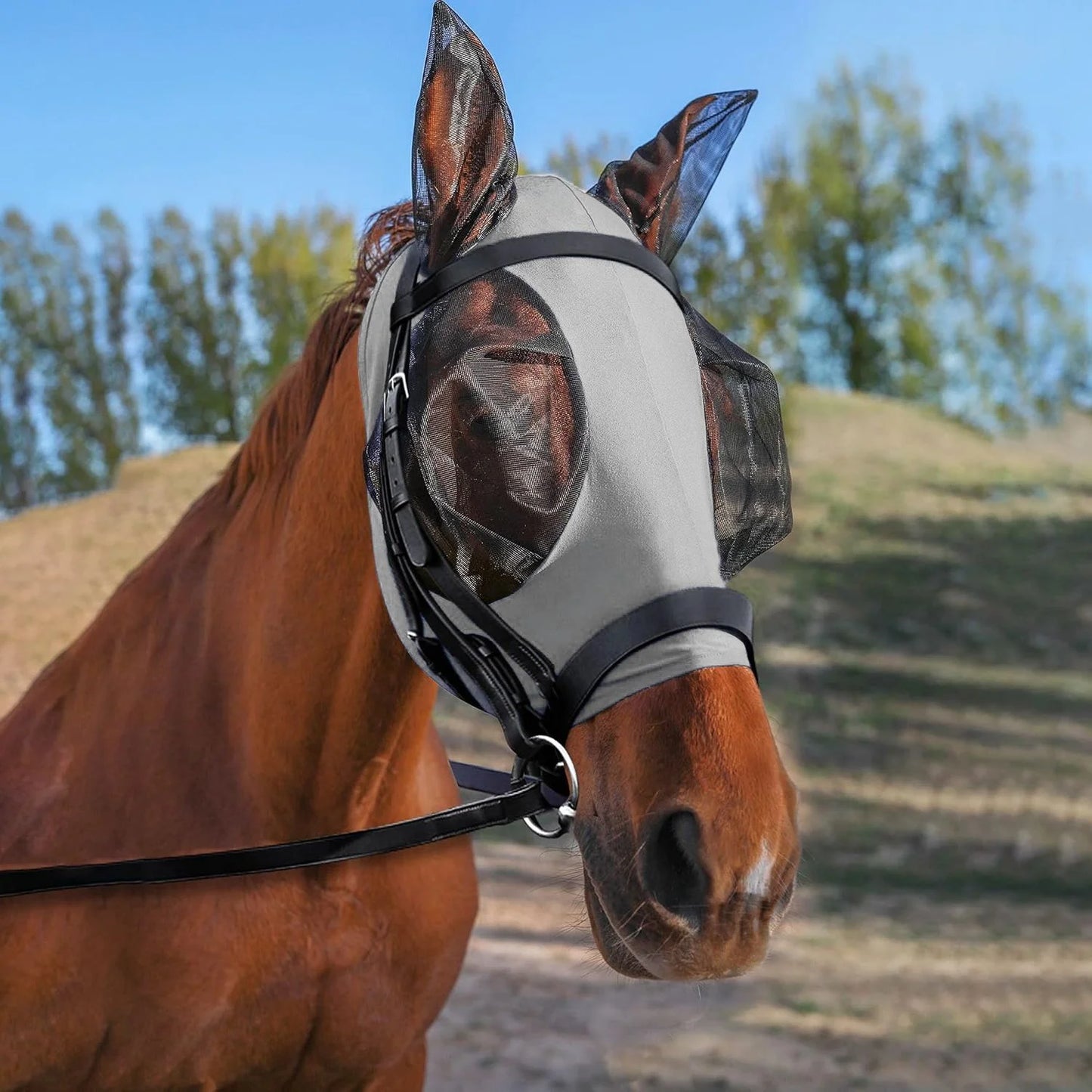 Ademende maskers voor paarden, bedrukt met diverse patronen, anti-muggen, onmiddellijke levering, uit voorraad leverbaar. Ruiteraccessoires.