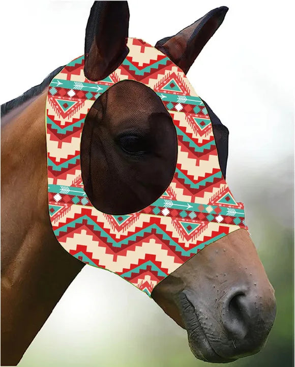 Ademende maskers voor paarden, bedrukt met diverse patronen, anti-muggen, onmiddellijke levering, uit voorraad leverbaar. Ruiteraccessoires.