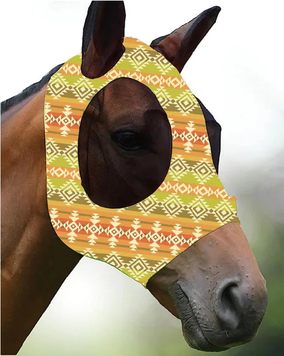Ademende maskers voor paarden, bedrukt met diverse patronen, anti-muggen, onmiddellijke levering, uit voorraad leverbaar. Ruiteraccessoires.
