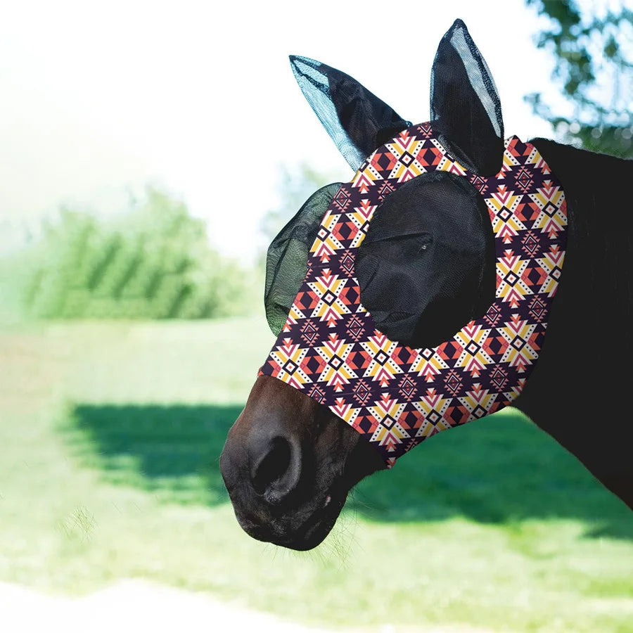 Ademende maskers voor paarden, bedrukt met diverse patronen, anti-muggen, onmiddellijke levering, uit voorraad leverbaar. Ruiteraccessoires.