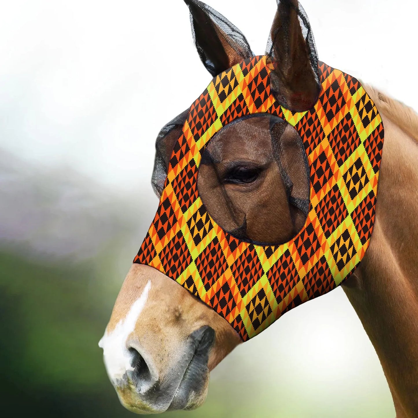Ademende maskers voor paarden, bedrukt met diverse patronen, anti-muggen, onmiddellijke levering, uit voorraad leverbaar. Ruiteraccessoires.