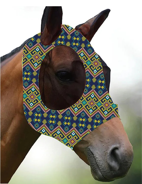 Ademende maskers voor paarden, bedrukt met diverse patronen, anti-muggen, onmiddellijke levering, uit voorraad leverbaar. Ruiteraccessoires.