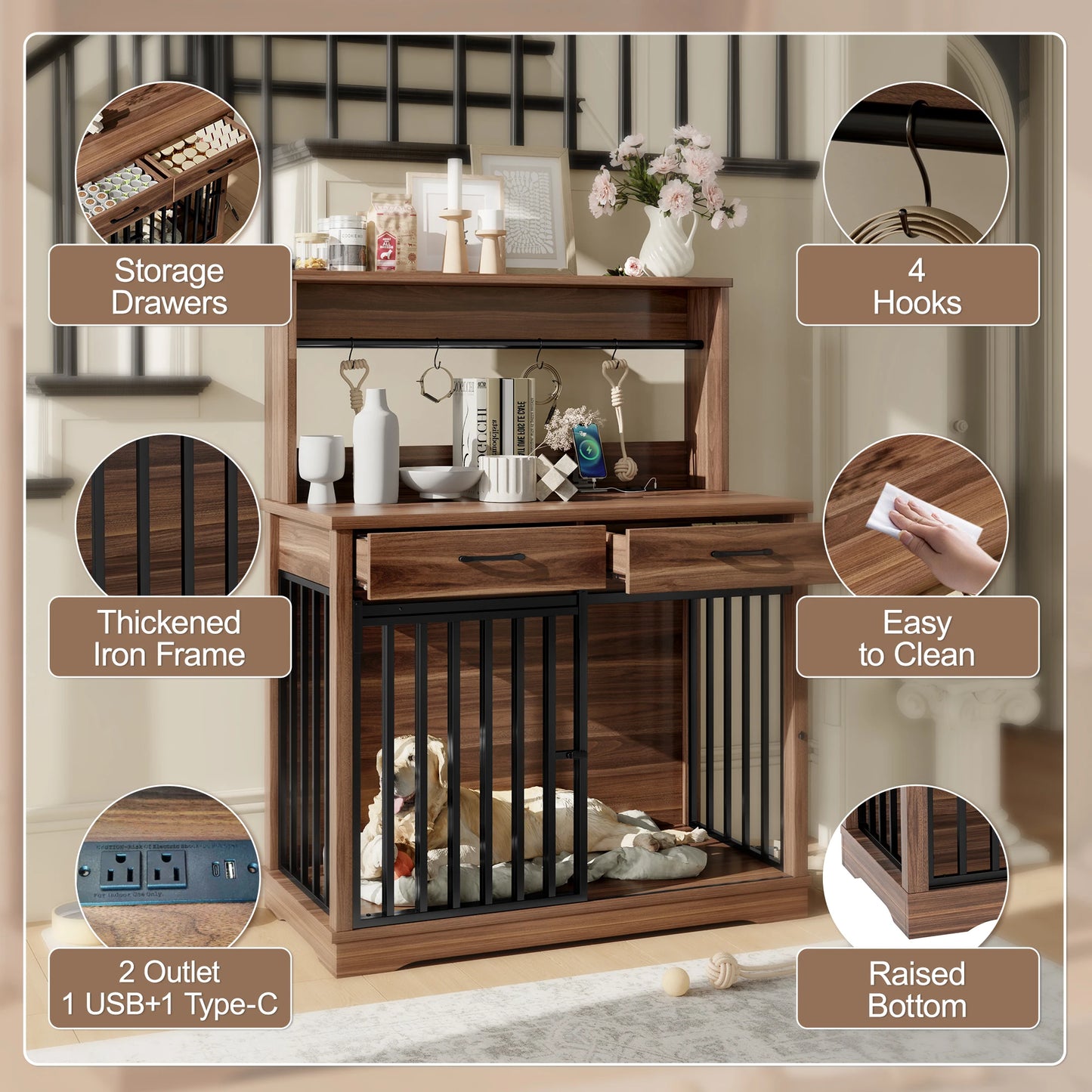 Moderne houten hondenbenchkast met schuifdeuren, laden, haken en stopcontacten - Bijzettafel. Gratis verzending in de VS.