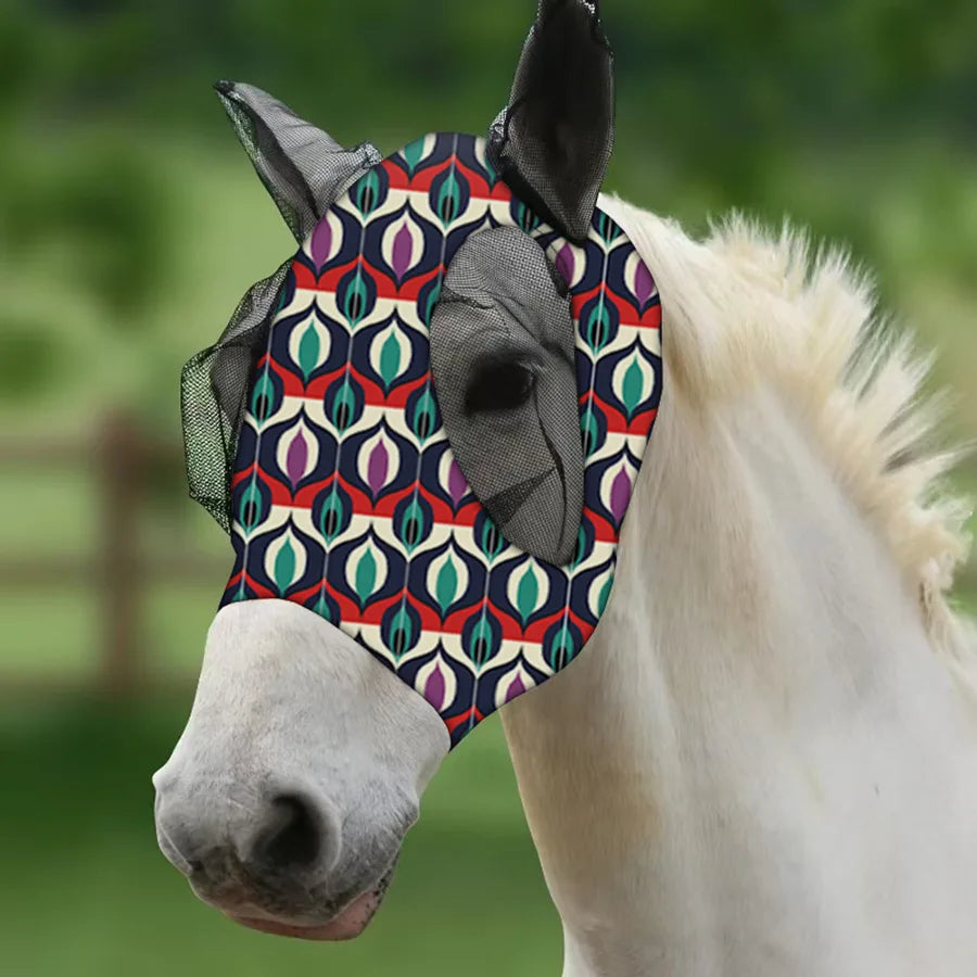 Ademende maskers voor paarden, bedrukt met diverse patronen, anti-muggen, onmiddellijke levering, uit voorraad leverbaar. Ruiteraccessoires.