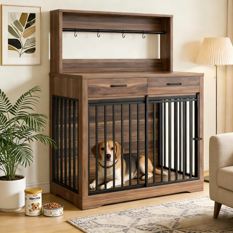 Moderne houten hondenbenchkast met schuifdeuren, laden, haken en stopcontacten - Bijzettafel. Gratis verzending in de VS.