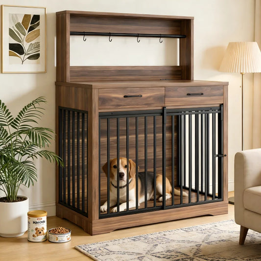 Meuble cage pour chien en bois – Porte coulissante, tiroirs & table d'appoint