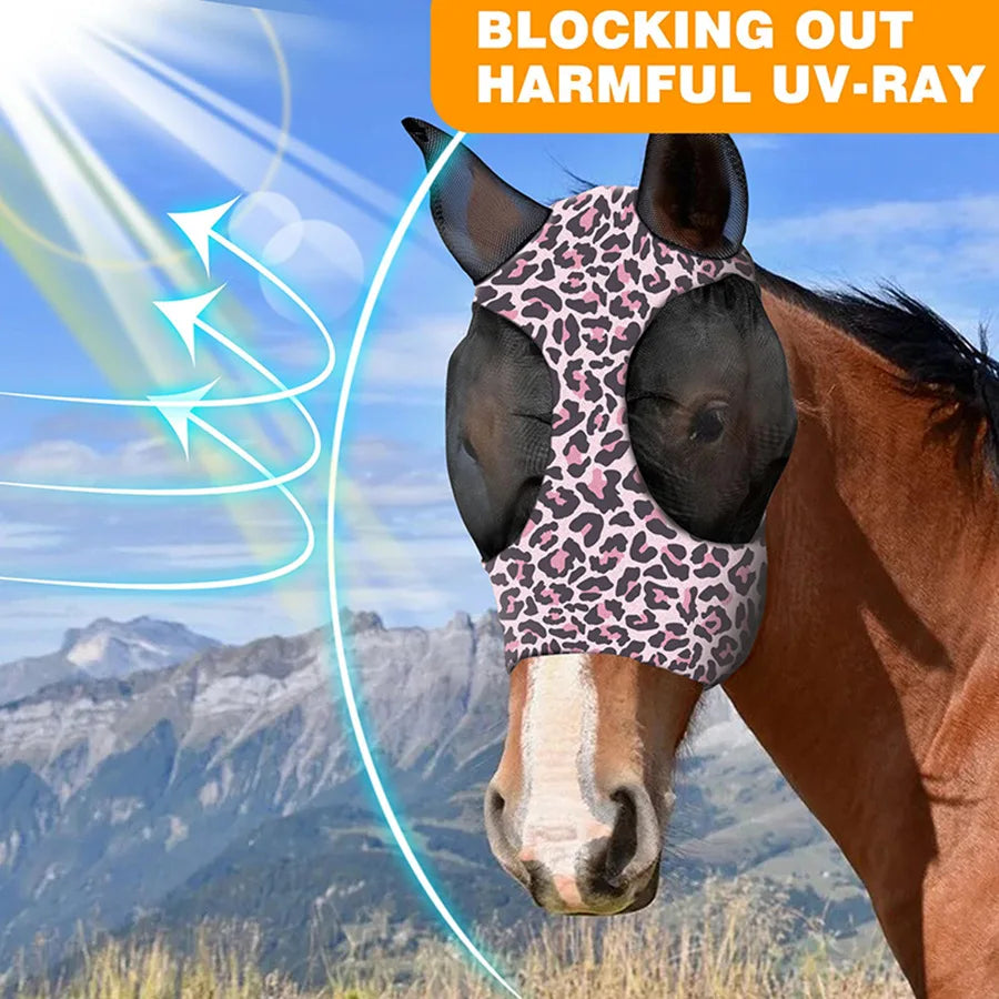 Ademende maskers voor paarden, bedrukt met diverse patronen, anti-muggen, onmiddellijke levering, uit voorraad leverbaar. Ruiteraccessoires.
