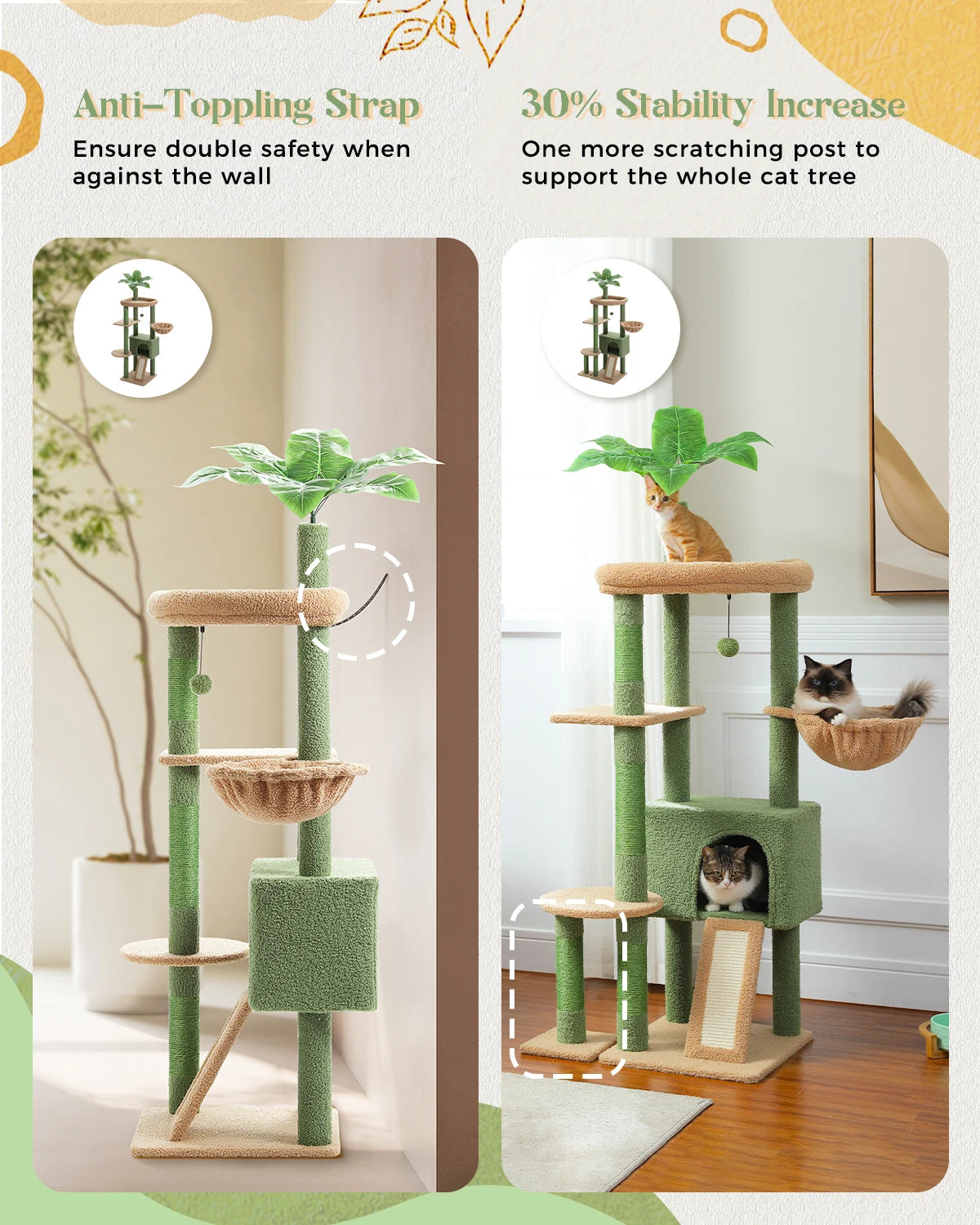 Arbre à Chat PETEPELA Design Cactus – 4 Niveaux, Griffoirs Sisal, Cabane & Perchoir, 135 cm