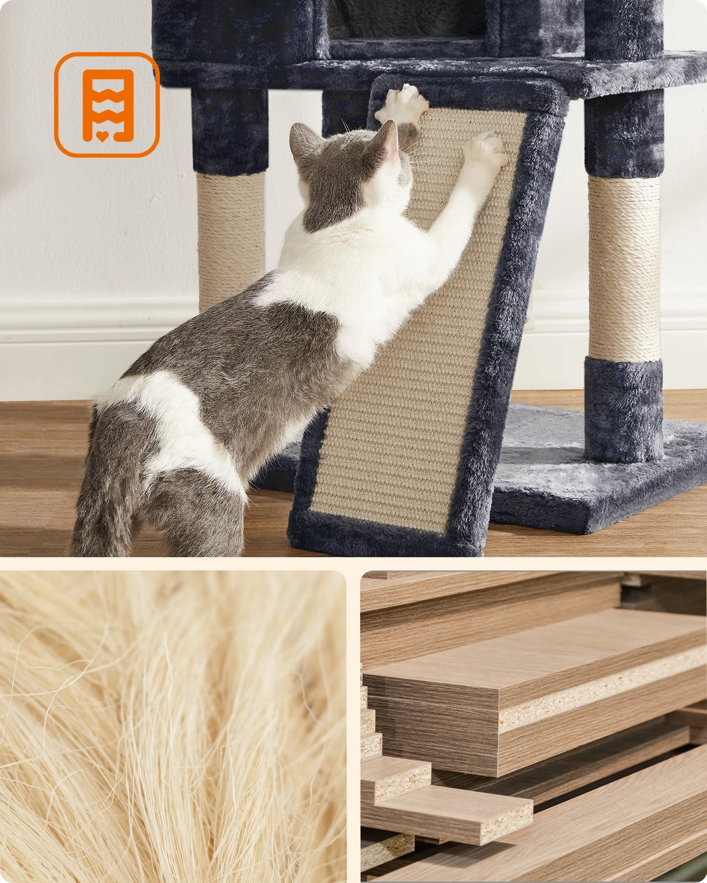 Arbre à chat FEANDREA 115 cm – Niche, plateformes & griffoir sisal