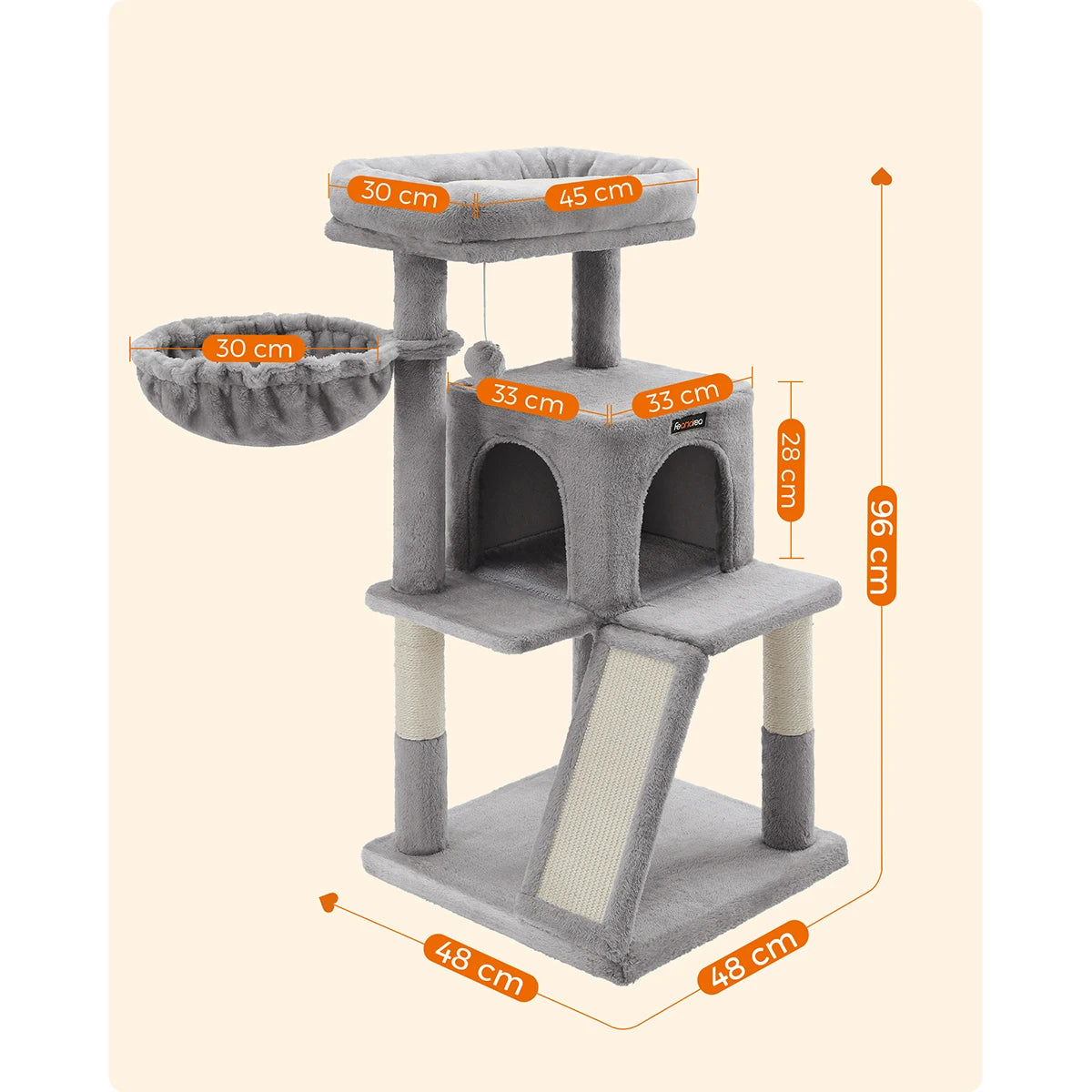 Arbre à chat FEANDREA 96 cm – Hamac, niche 2 portes & griffoir sisal