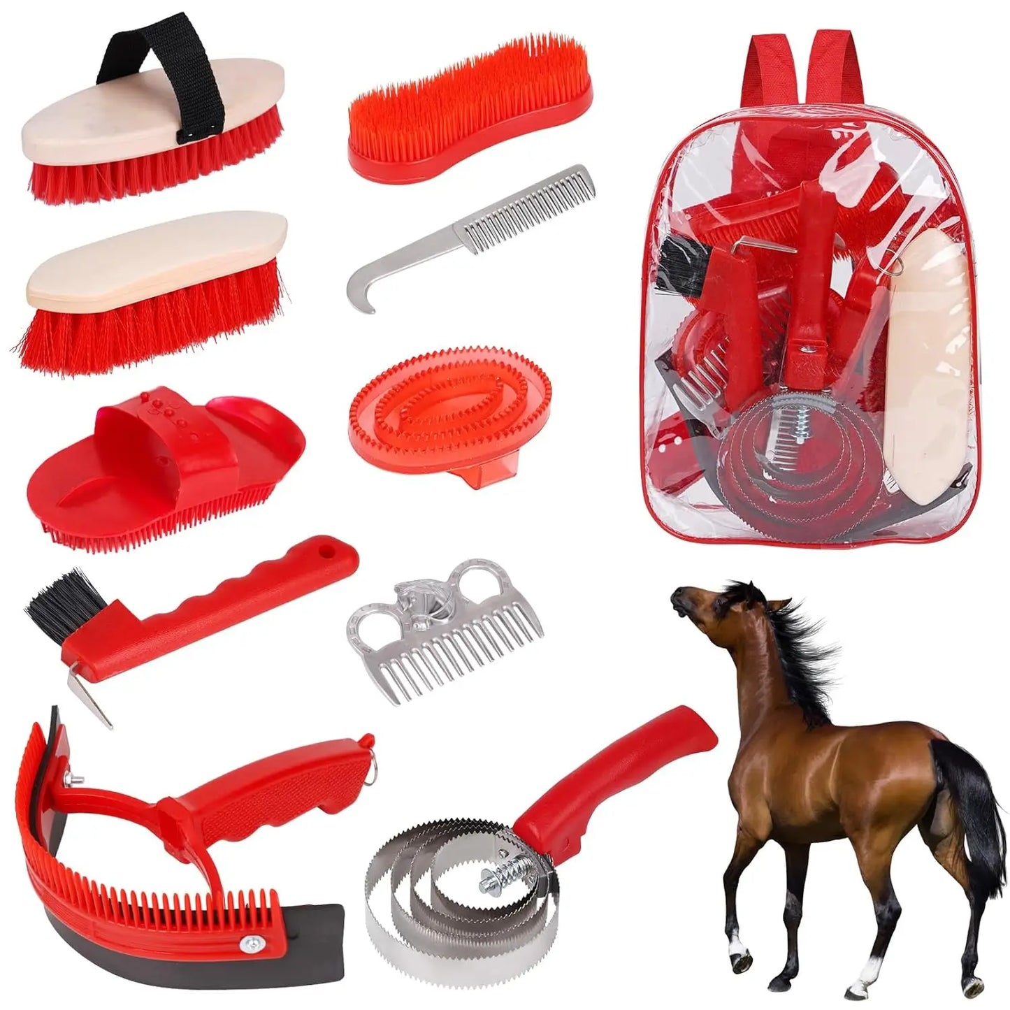 Kit de Toilettage Complet pour Cheval – 10 Pièces avec Sac