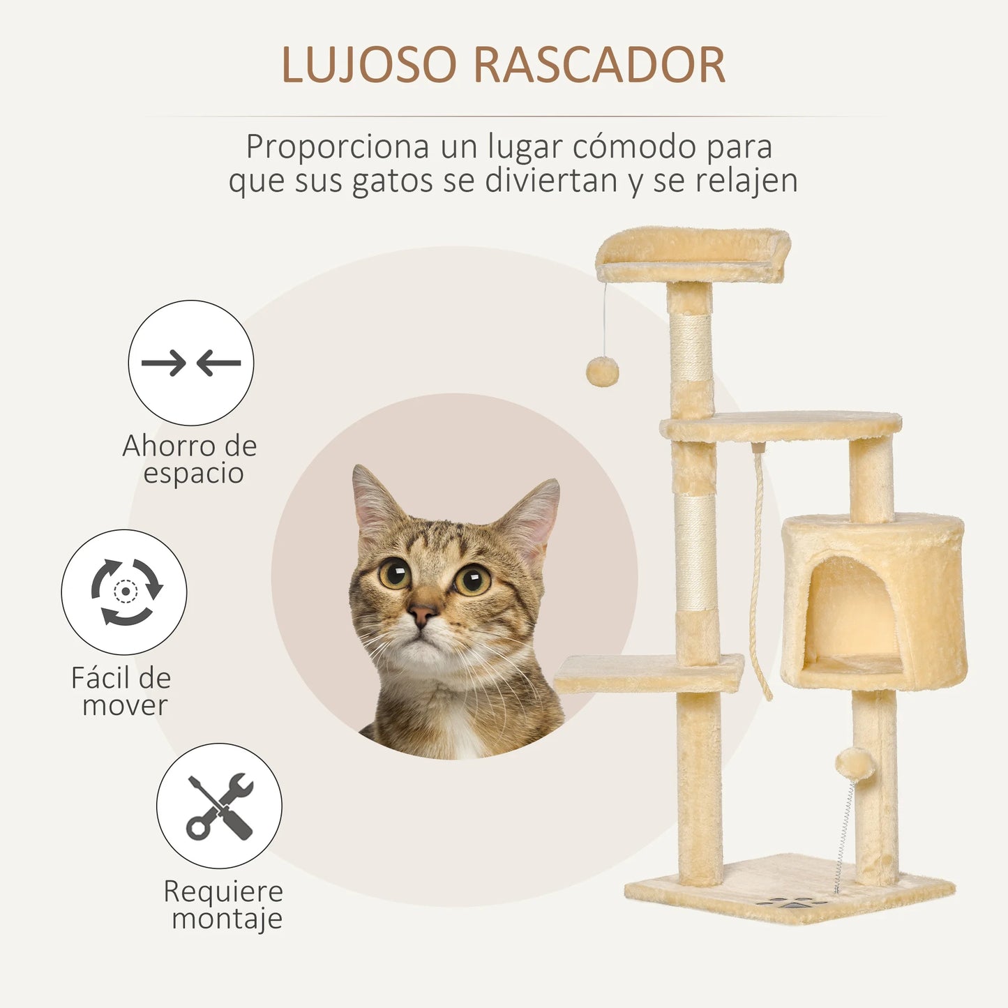 Arbre à Chat PawHut 4 Niveaux – Griffoir Sisal, Cabane, Plateformes & Balles, 114 cm
