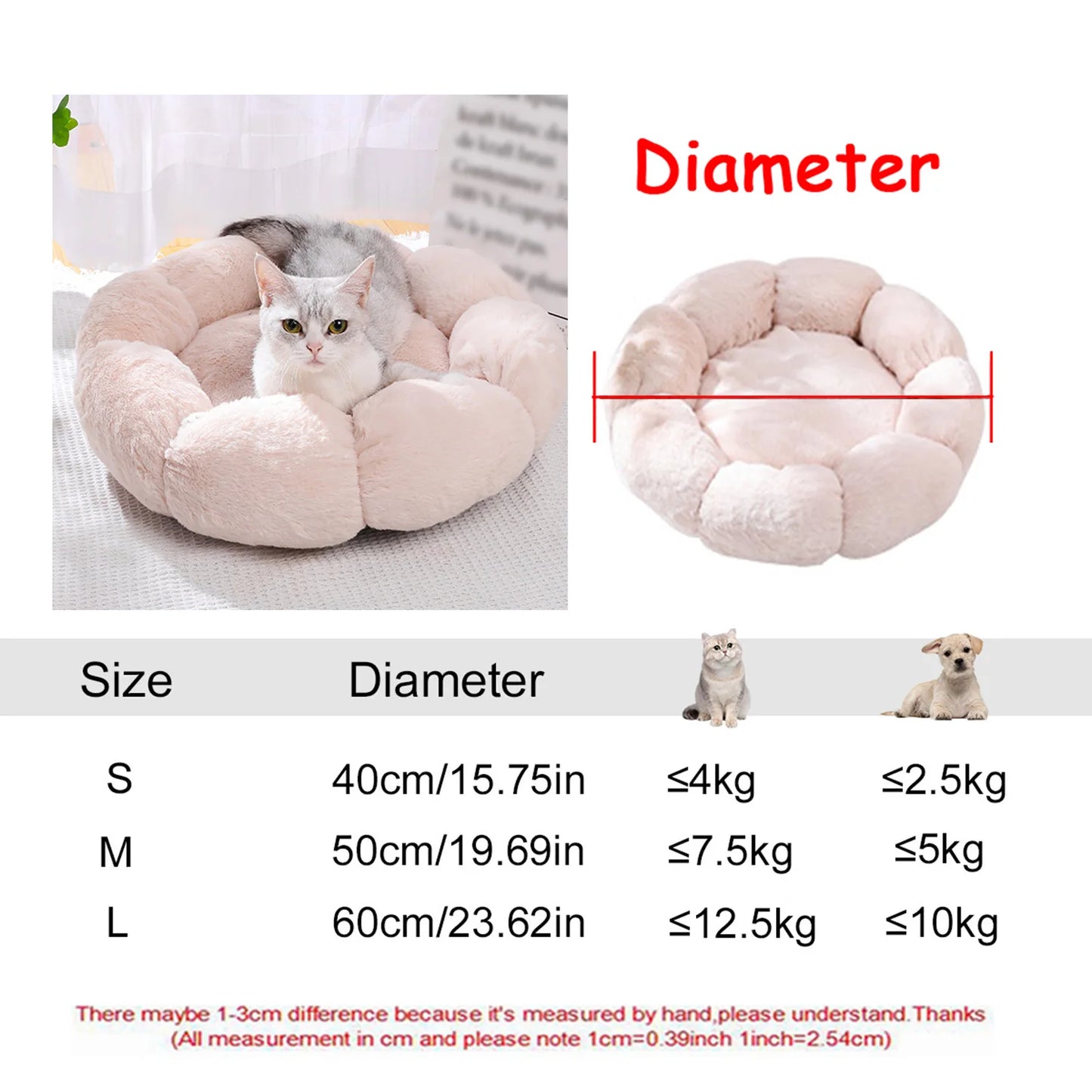 Lit rond en peluche pour chien et chat – Lavable, toutes saisons (40 à 90 cm)