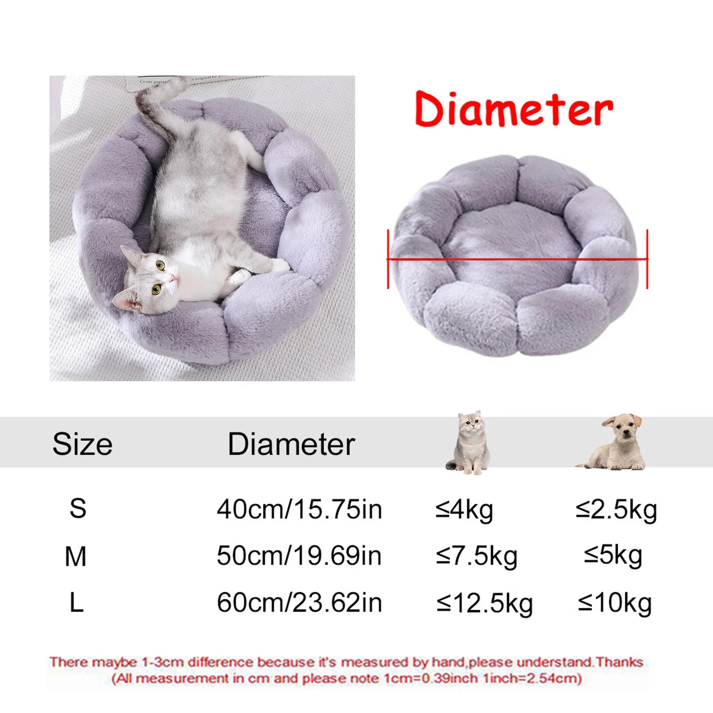 Lit rond en peluche pour chien et chat – Lavable, toutes saisons (40 à 90 cm)