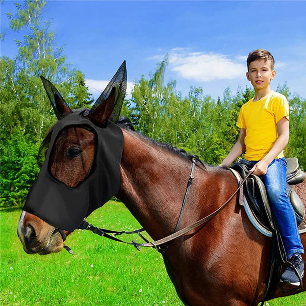 Nieuw Veelkleurig Anti-Muggen Paardenmasker Ademend Stretch Gebreid Gaas Anti-Vliegen Insectenmasker met Oren Ruiteruitrusting