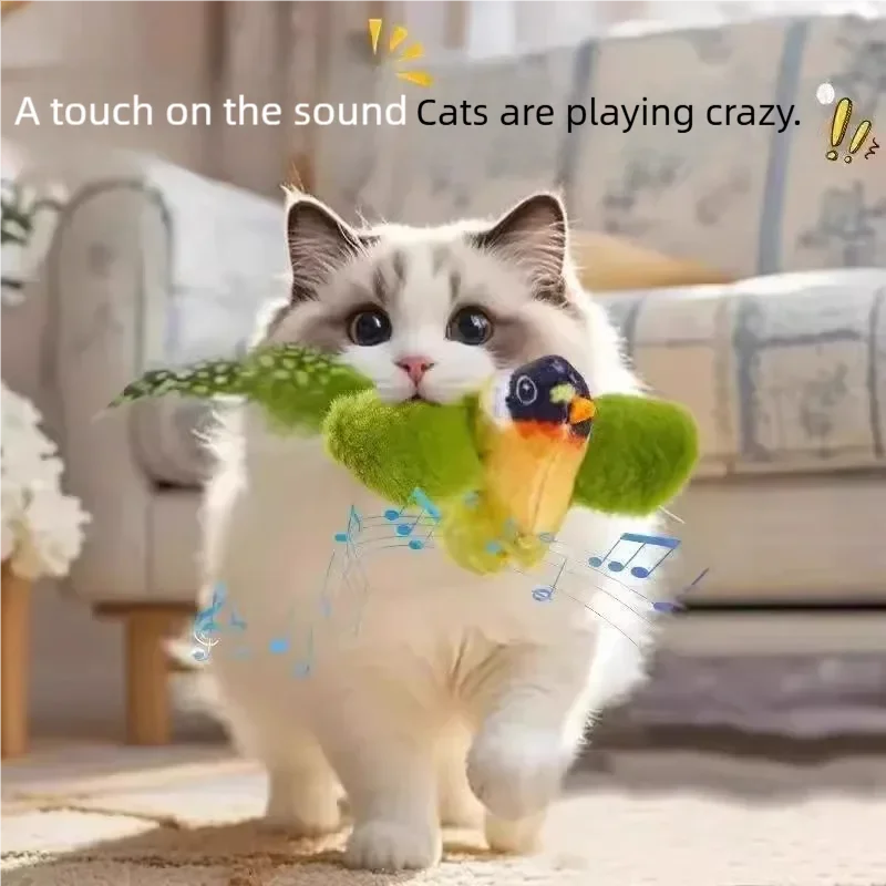 Jouet interactif pour chat, oiseau électrique simulé avec son d'oiseau qui chante et ailes qui battent, jouet en peluche à mâcher pour chatons et chats, jouet pour animaux de compagnie