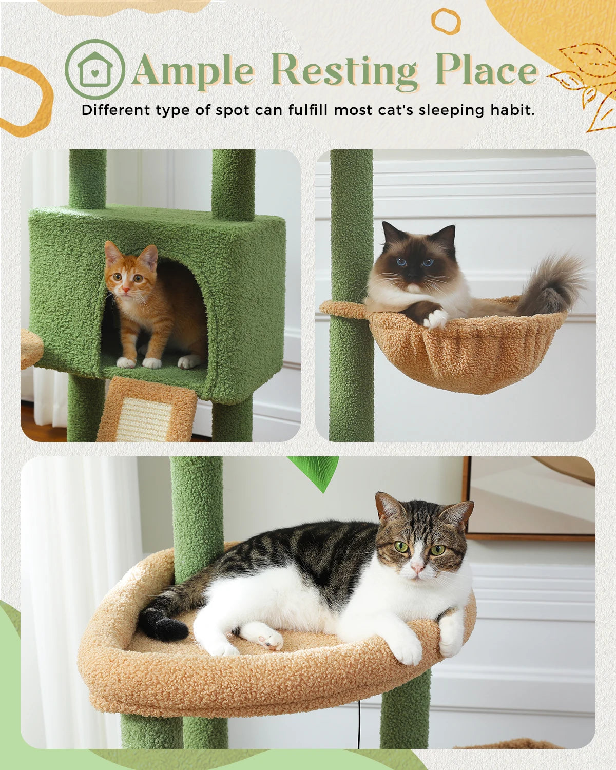 Arbre à Chat PETEPELA Design Cactus – 4 Niveaux, Griffoirs Sisal, Cabane & Perchoir, 135 cm