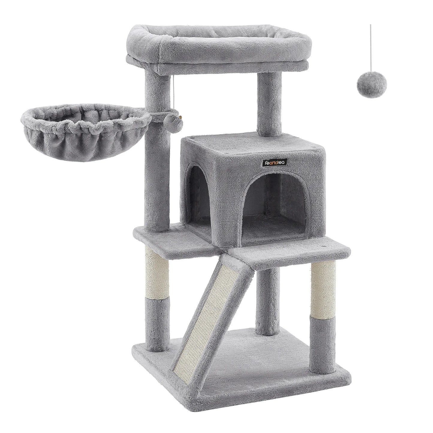 Arbre à chat FEANDREA 96 cm – Hamac, niche 2 portes & griffoir sisal
