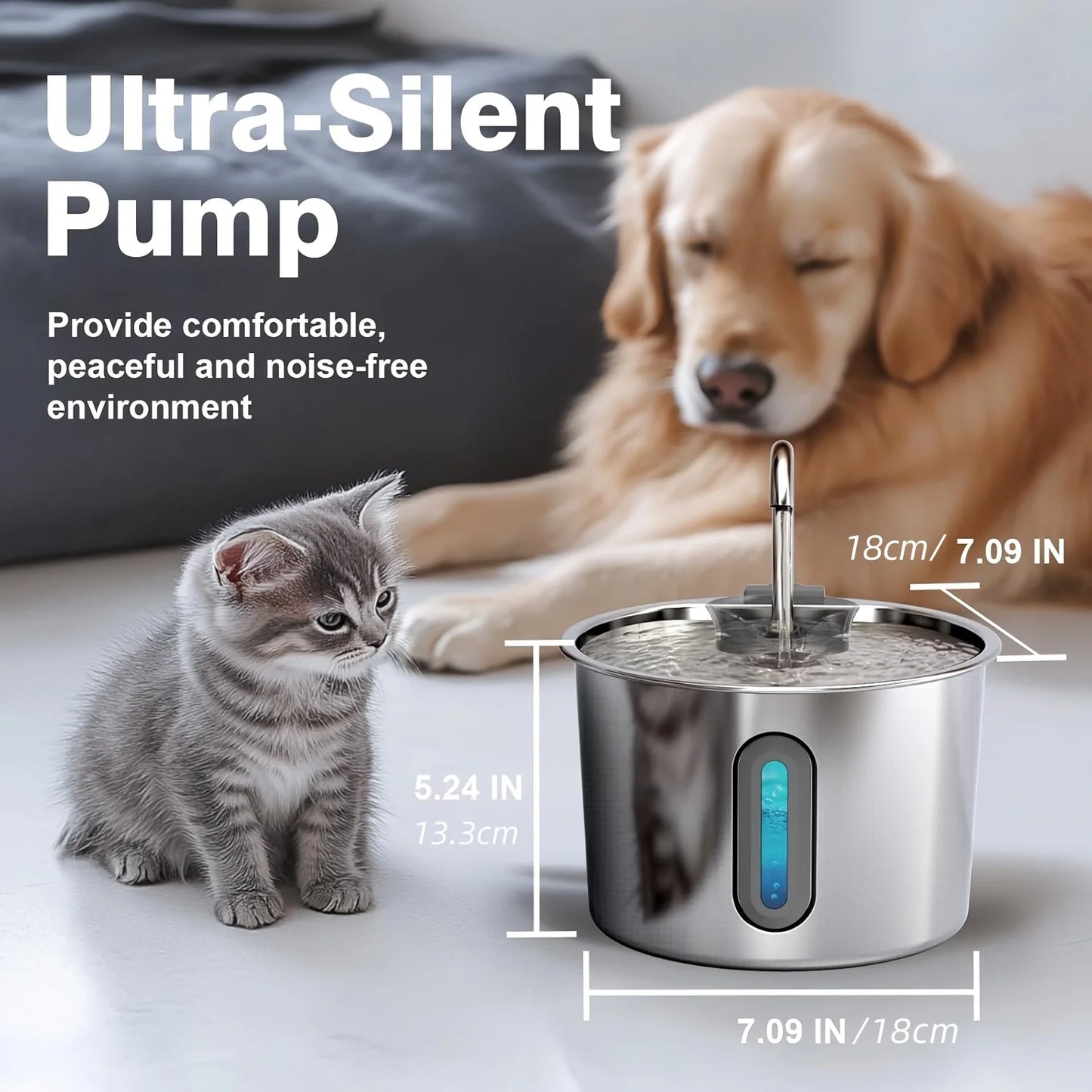 Fontaine à Eau en Acier Inoxydable pour Chat – 2,2 L avec Filtre