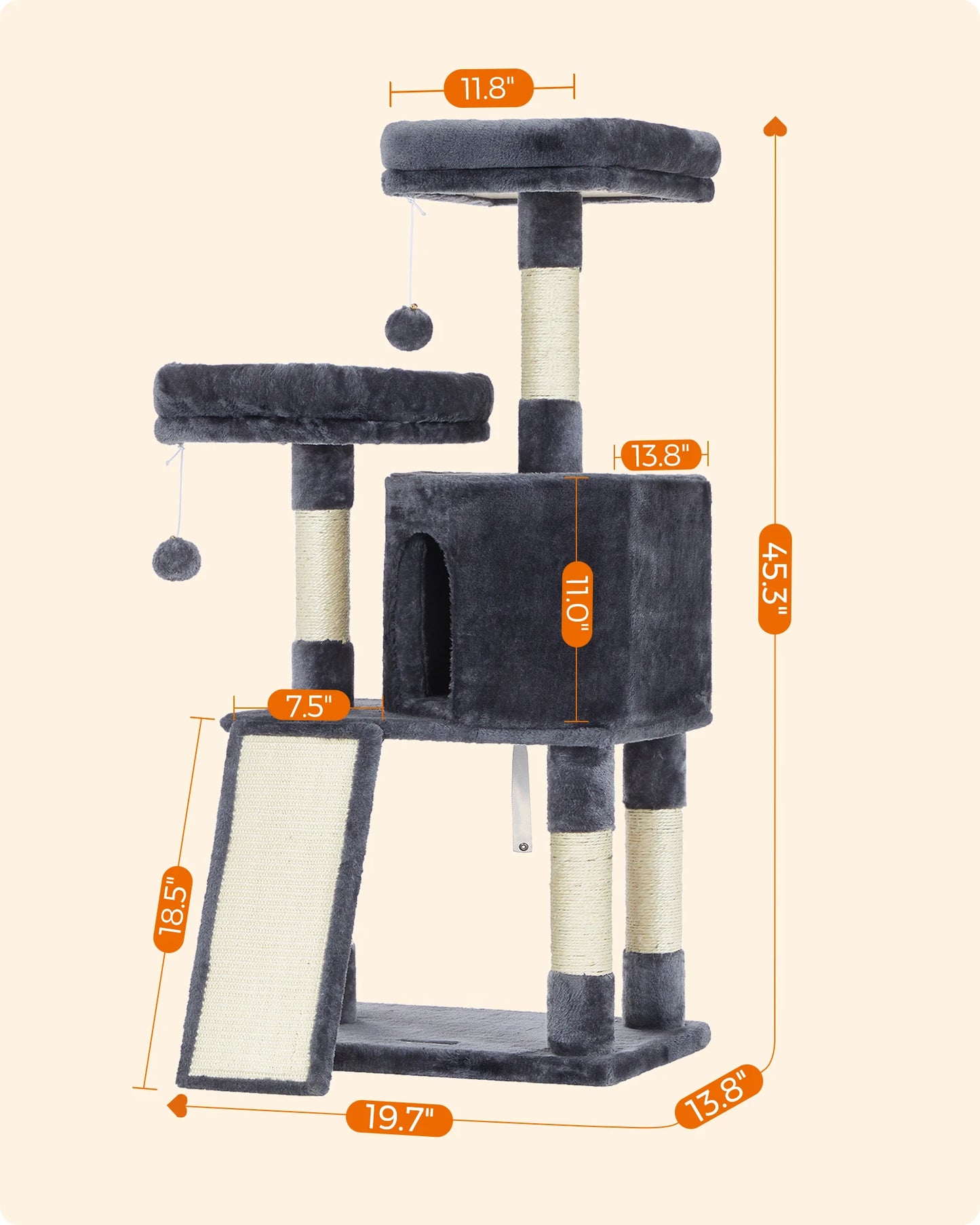 Arbre à chat FEANDREA 115 cm – Niche, plateformes & griffoir sisal