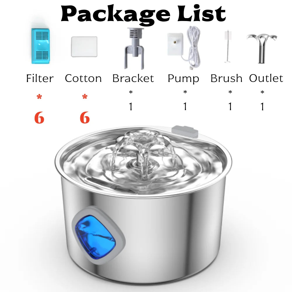 Fontaine à Eau pour Chat & Chien — Inox 3,2 L, Filtrante & LED