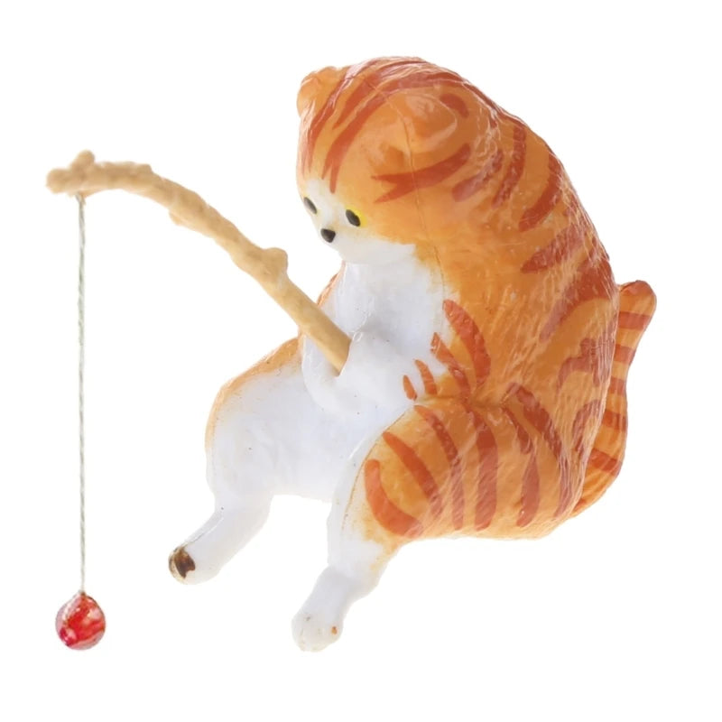 Figurine chat pêcheur en résine — Déco aquarium & jardin miniature
