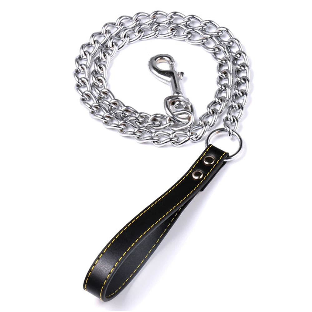 Laisse en métal avec poignée en cuir pour chien – Contrôle ferme et confort (120 cm)