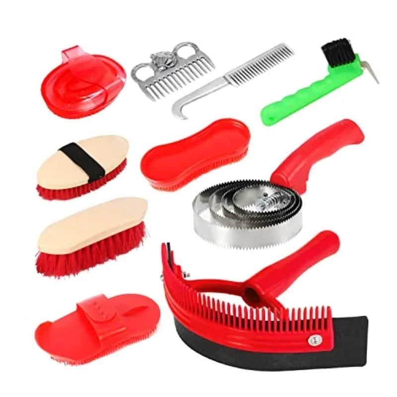 Set met verzorgings- en reinigingsgereedschap voor paarden, inclusief een kam, een reinigingsborstel voor dieren, een verzorgingsborstel van roestvrij staal, een staartkam en een spons.