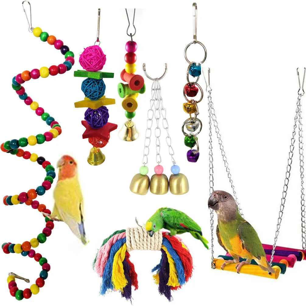 Set de 7 Jouets en Bois pour Perroquet – Balançoire, Pont, Cloches & Plus