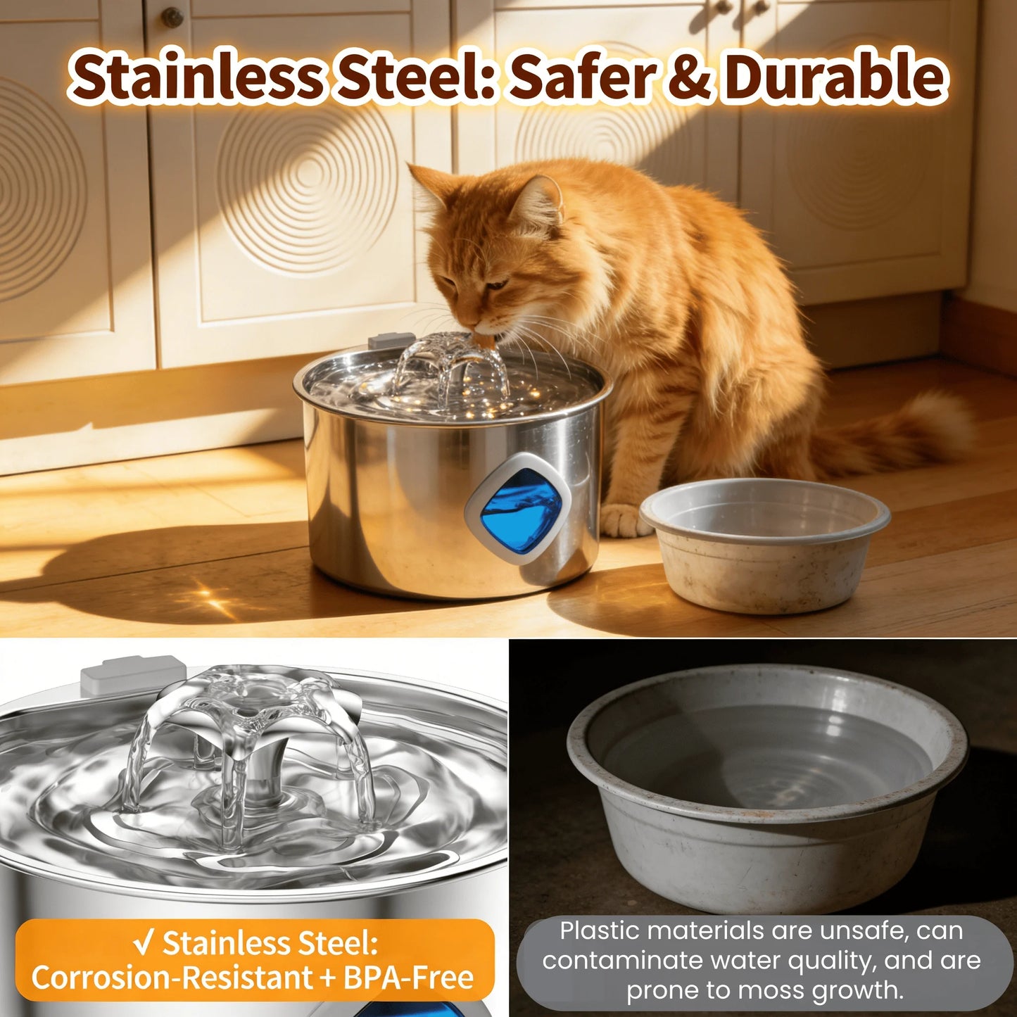 Fontaine à Eau pour Chat & Chien — Inox 3,2 L, Filtrante & LED