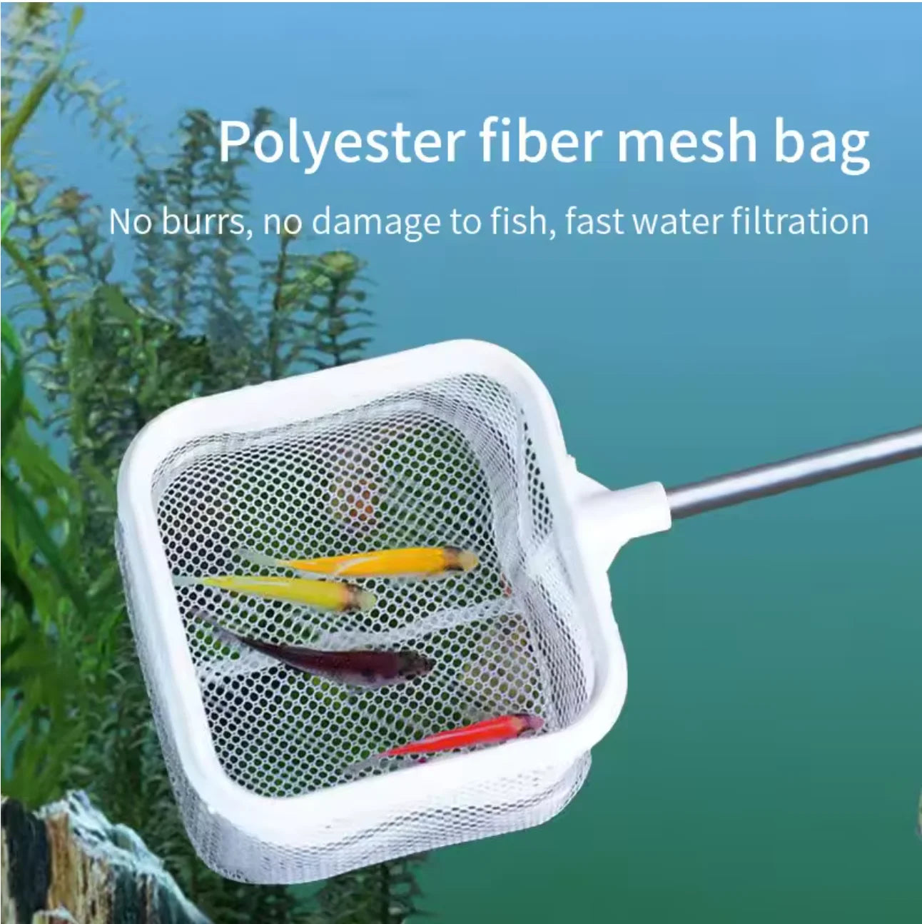 Épuisette Carrée pour Aquarium – Manche Extensible & Ventouse, Blanc / Noir