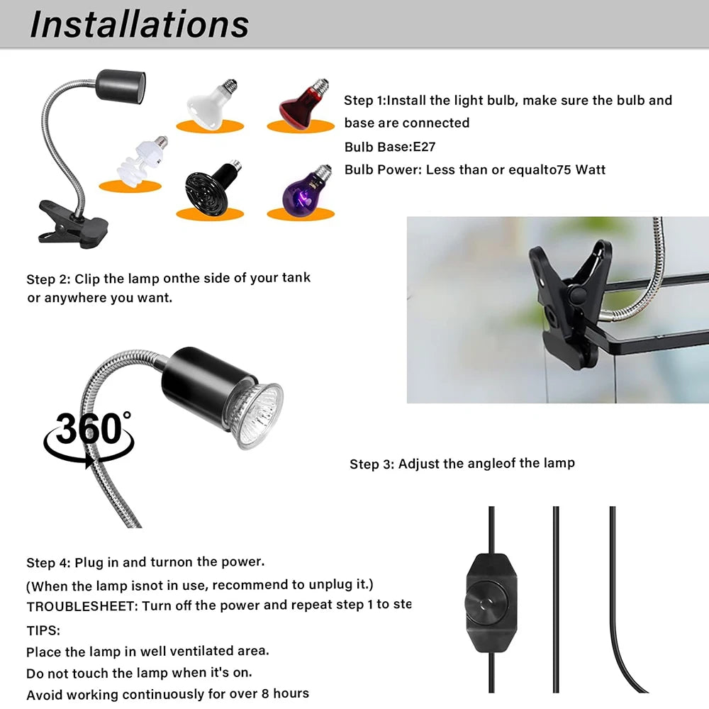Lampe Chauffante UVA/UVB pour Reptiles – 50W, Spot Rotatif Dimmable