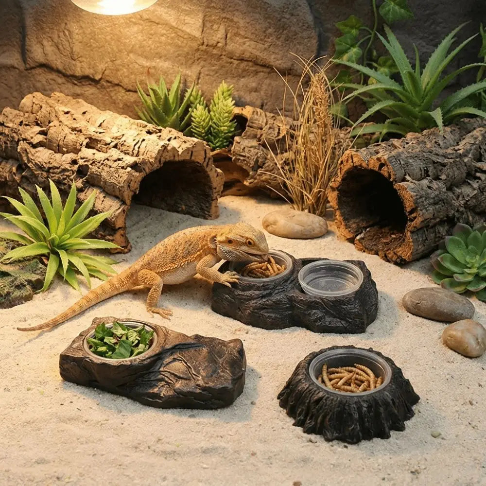Plat d'alimentation en résine imitation pierre, résistant à l'usure, avec bols, bol pour nourriture de reptile, empêche les déversements, anti-choc