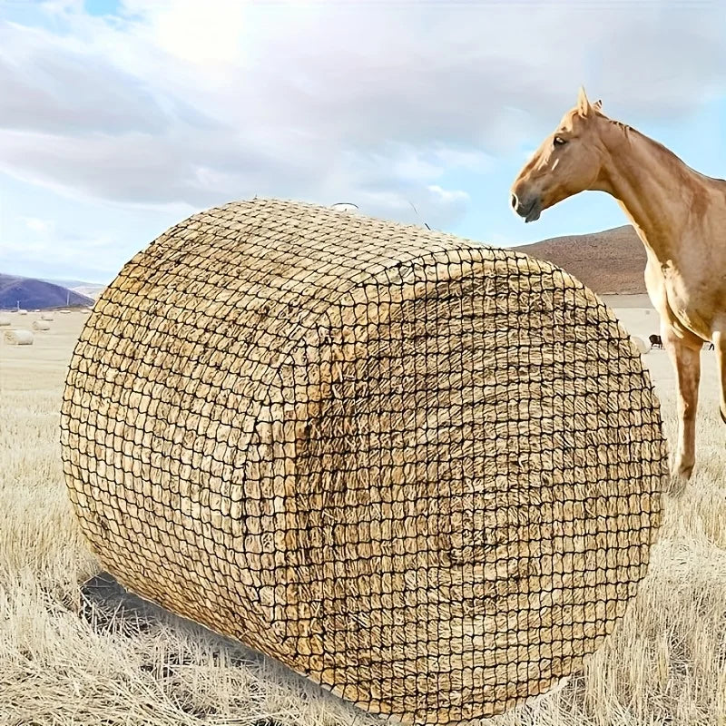 Rond hooinet van 1,5 m x 1,5 m (5 ft x 5 ft) ontworpen voor paarden. Dit knooploze net maakt langzame voeding mogelijk en is geschikt voor vee.