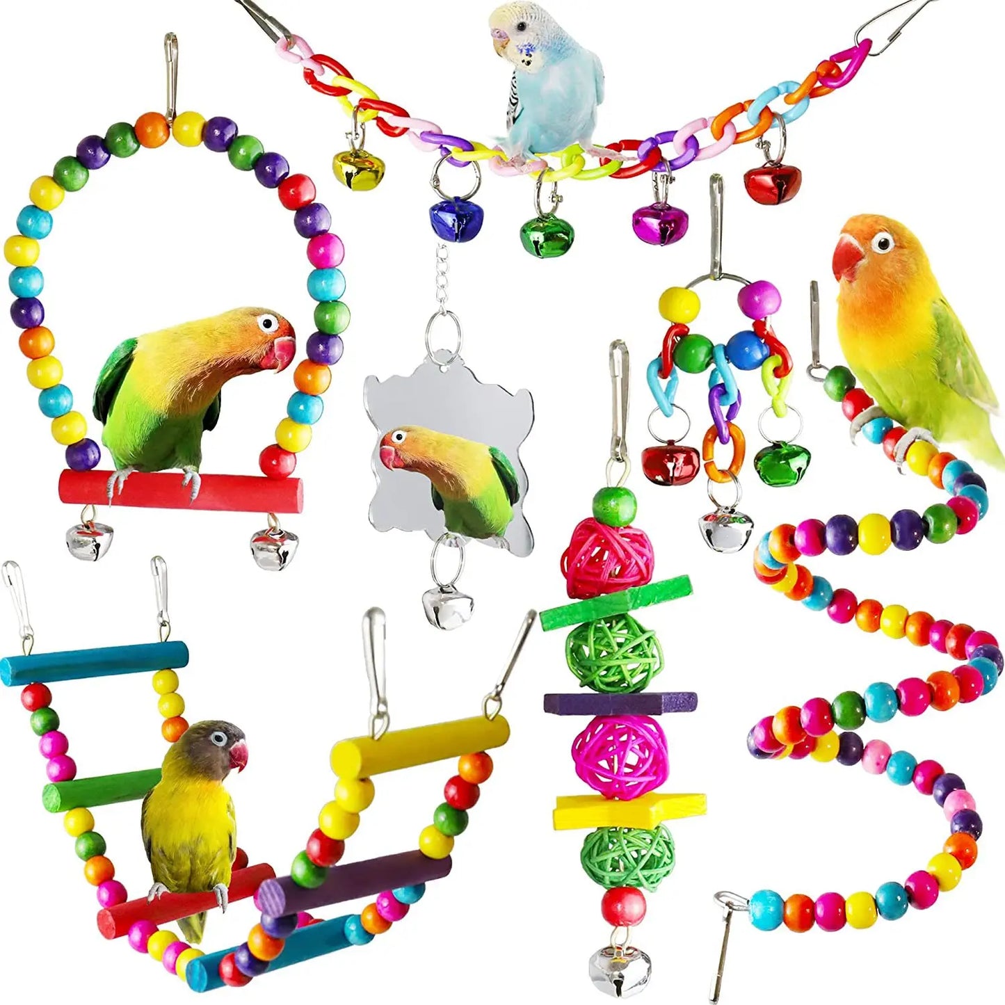 Set de 7 Jouets en Bois pour Perroquet – Balançoire, Pont, Cloches & Plus