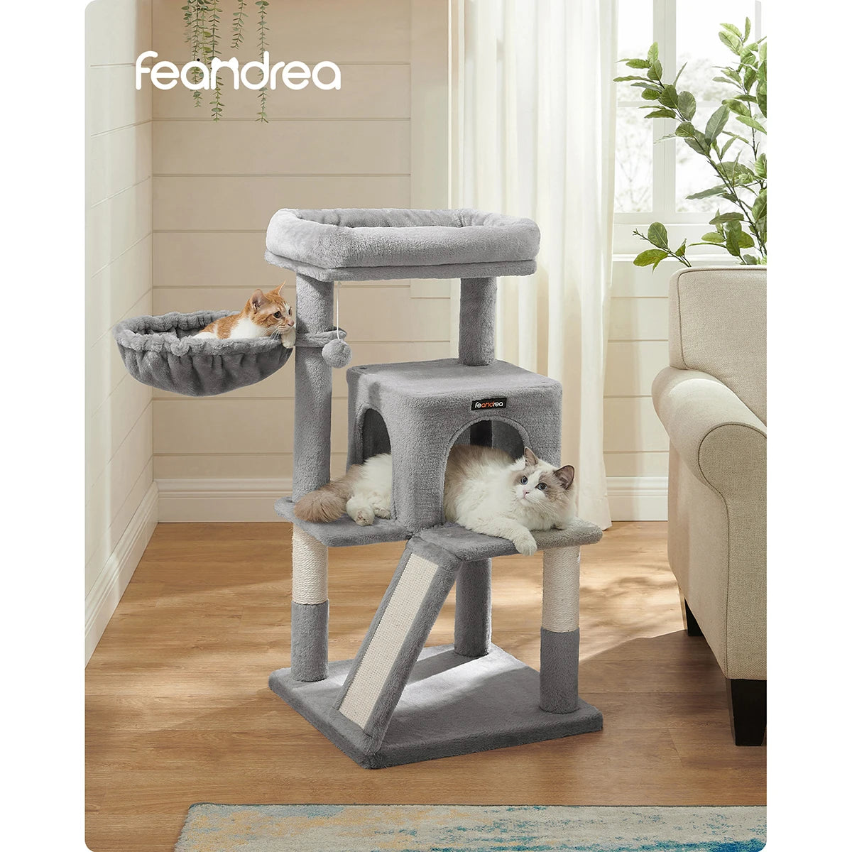 Arbre à chat FEANDREA 96 cm – Hamac, niche 2 portes & griffoir sisal