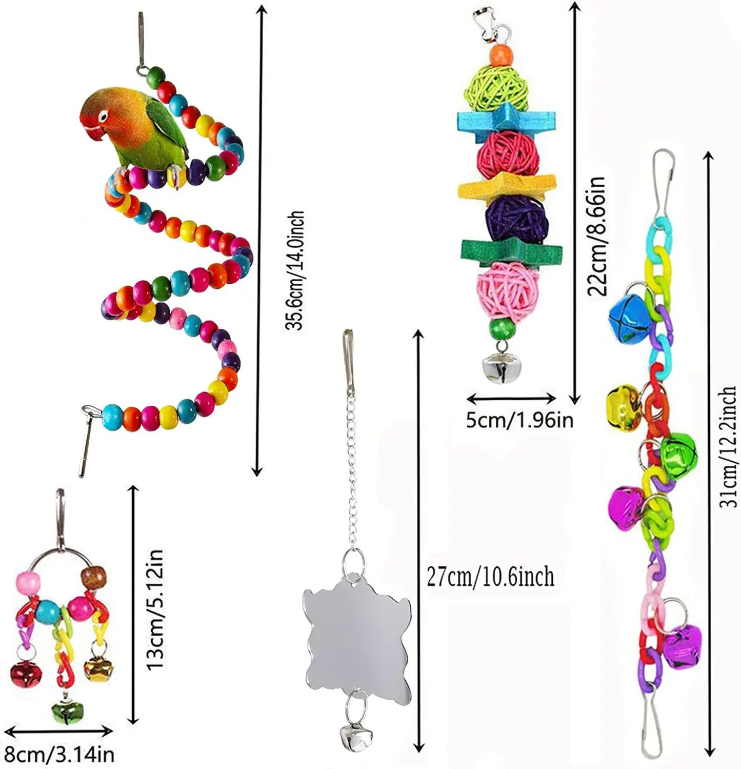 Set de 7 Jouets en Bois pour Perroquet – Balançoire, Pont, Cloches & Plus