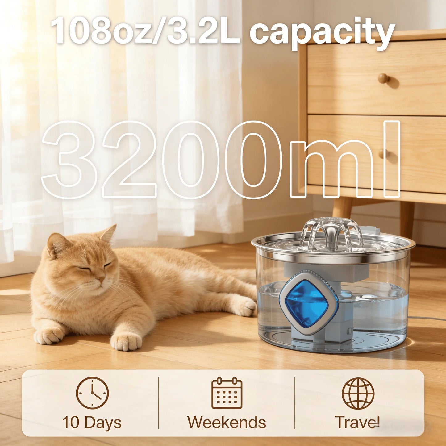 Fontaine à Eau pour Chat & Chien — Inox 3,2 L, Filtrante & LED