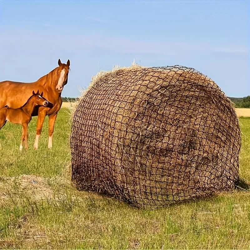 Rond hooinet van 1,5 m x 1,5 m (5 ft x 5 ft) ontworpen voor paarden. Dit knooploze net maakt langzame voeding mogelijk en is geschikt voor vee.