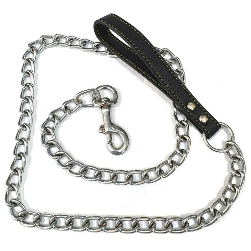 Laisse en métal avec poignée en cuir pour chien – Contrôle ferme et confort (120 cm)