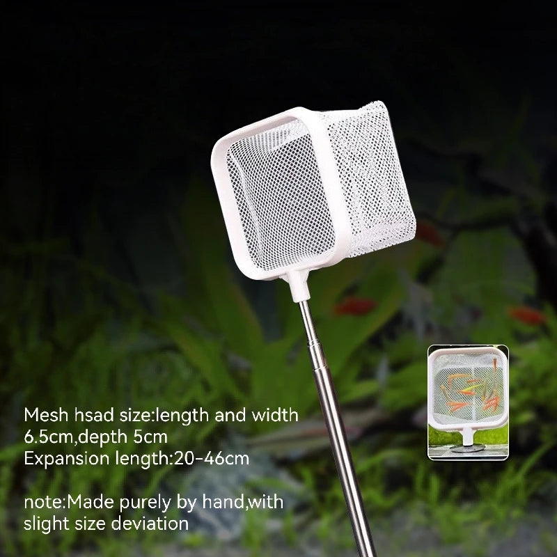 Épuisette Carrée pour Aquarium – Manche Extensible & Ventouse, Blanc / Noir