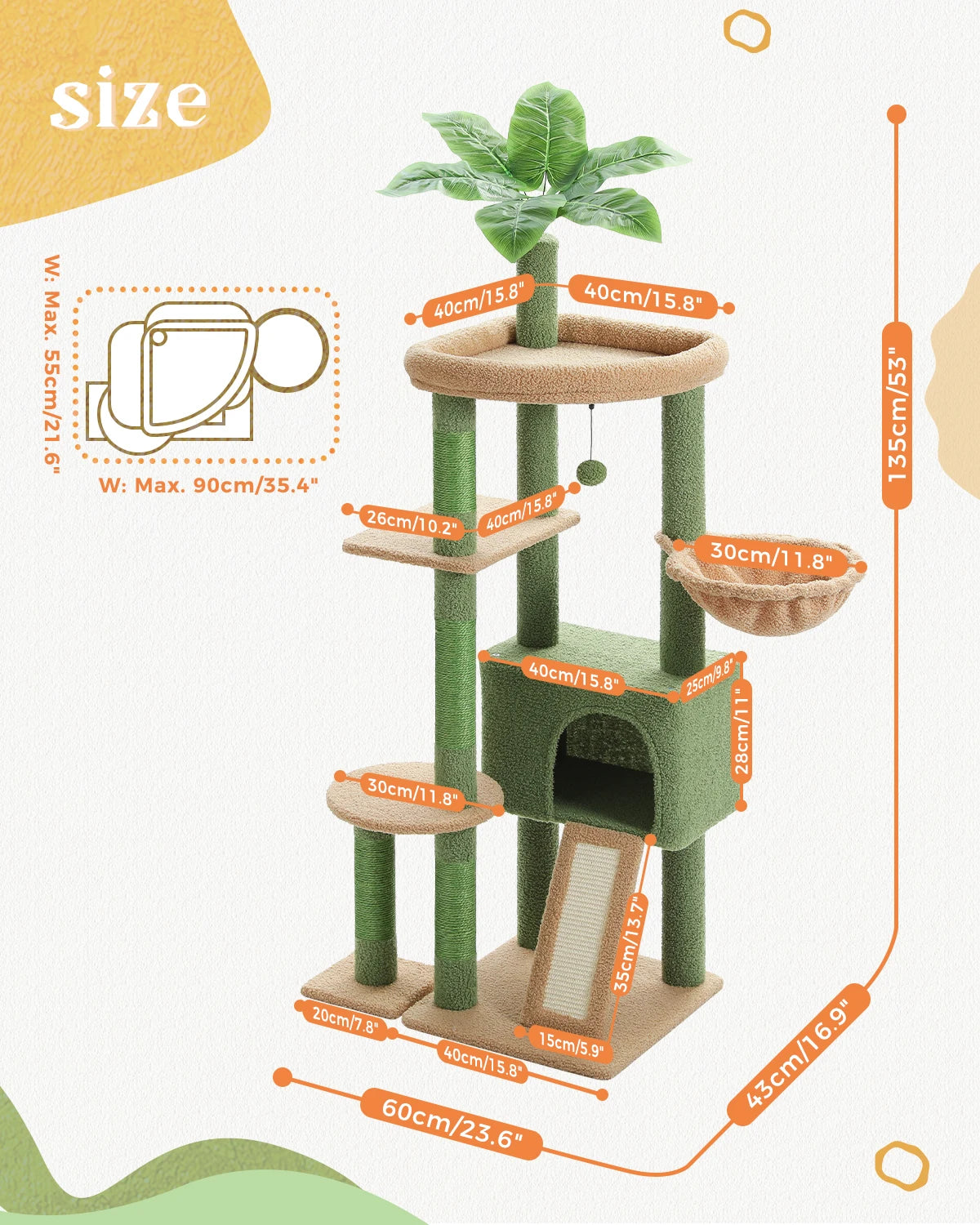 Arbre à Chat PETEPELA Design Cactus – 4 Niveaux, Griffoirs Sisal, Cabane & Perchoir, 135 cm