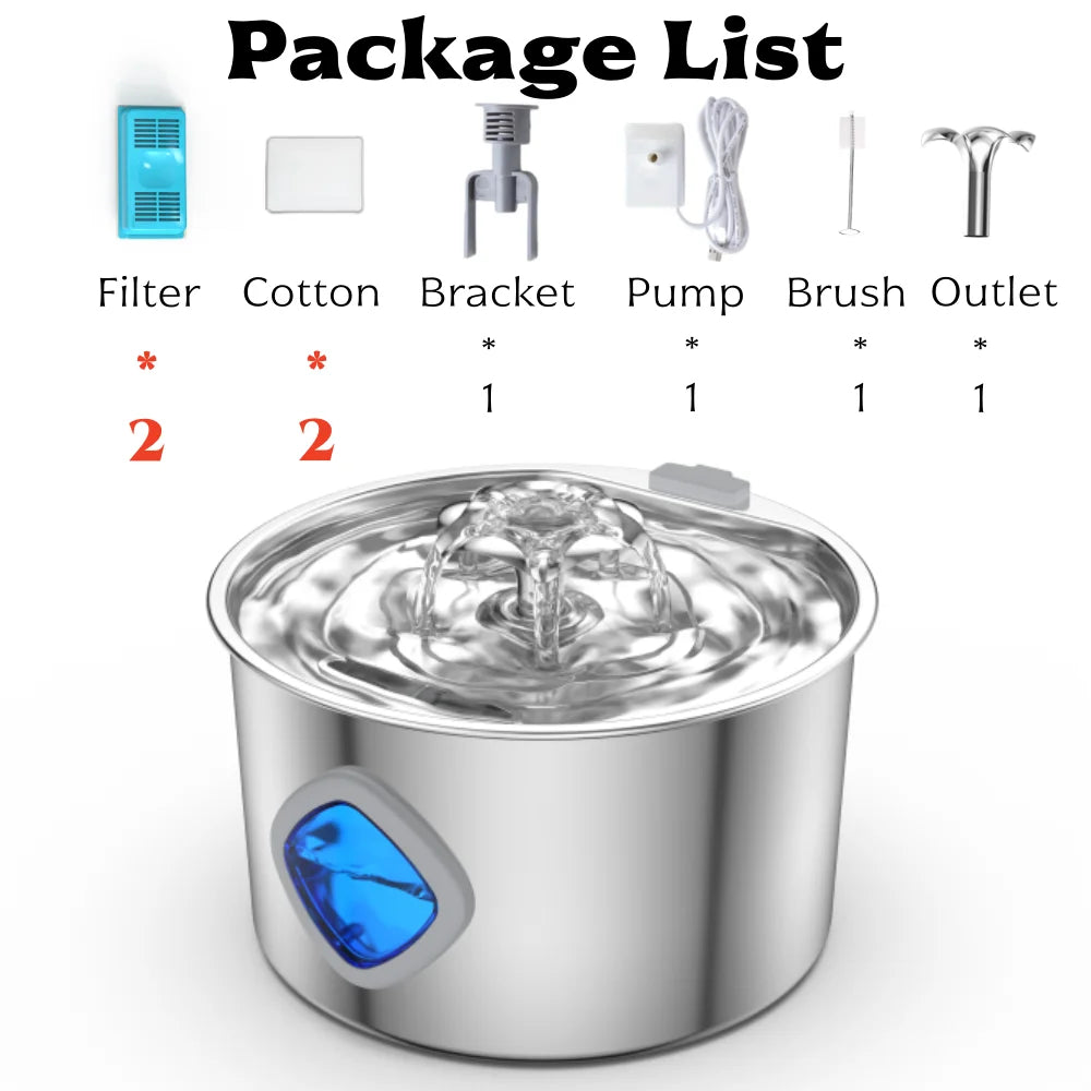 Fontaine à Eau pour Chat & Chien — Inox 3,2 L, Filtrante & LED