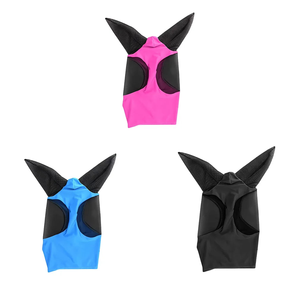 Nieuw Veelkleurig Anti-Muggen Paardenmasker Ademend Stretch Gebreid Gaas Anti-Vliegen Insectenmasker met Oren Ruiteruitrusting