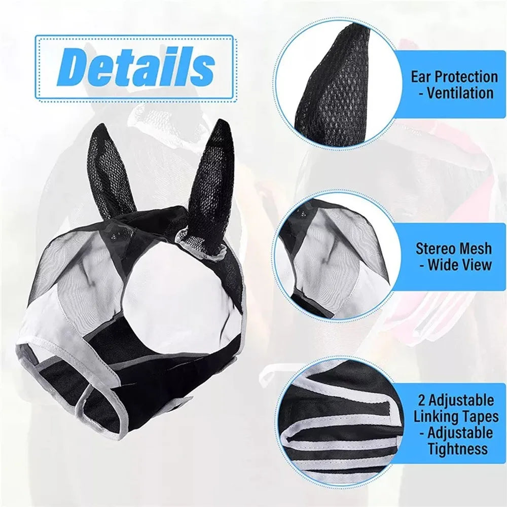 Masque anti-mouches pour cheval en maille respirante – Tailles S, M, L