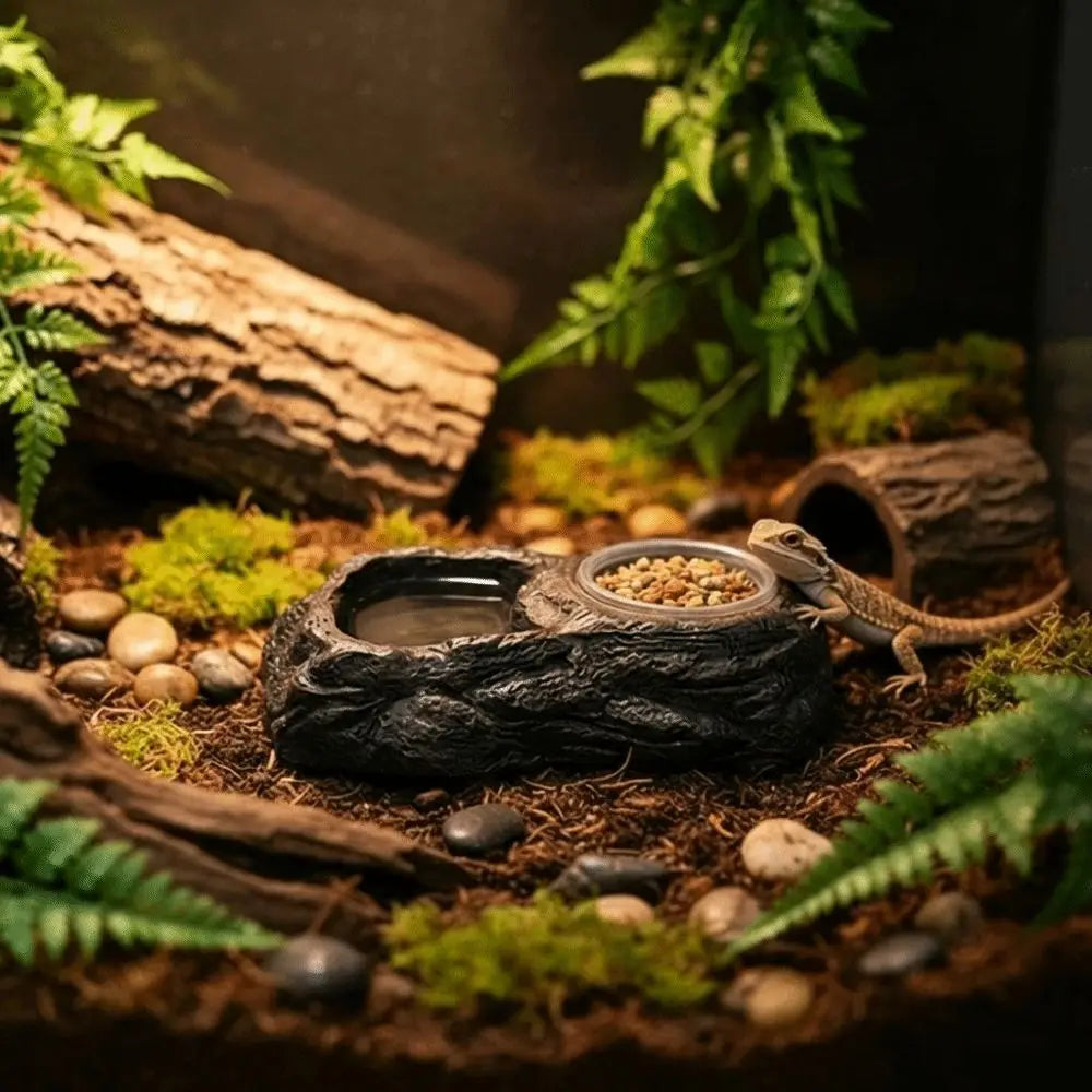 Plat d'alimentation en résine imitation pierre, résistant à l'usure, avec bols, bol pour nourriture de reptile, empêche les déversements, anti-choc